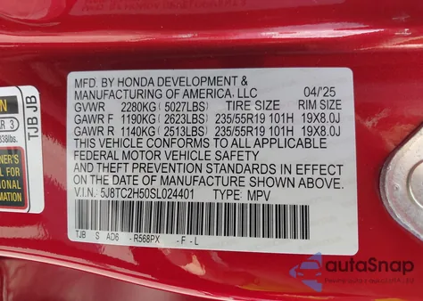 2025 Acura Rdx Technology Package z USA, uszkodzony, nr VIN 5J8TC2H50SL024401